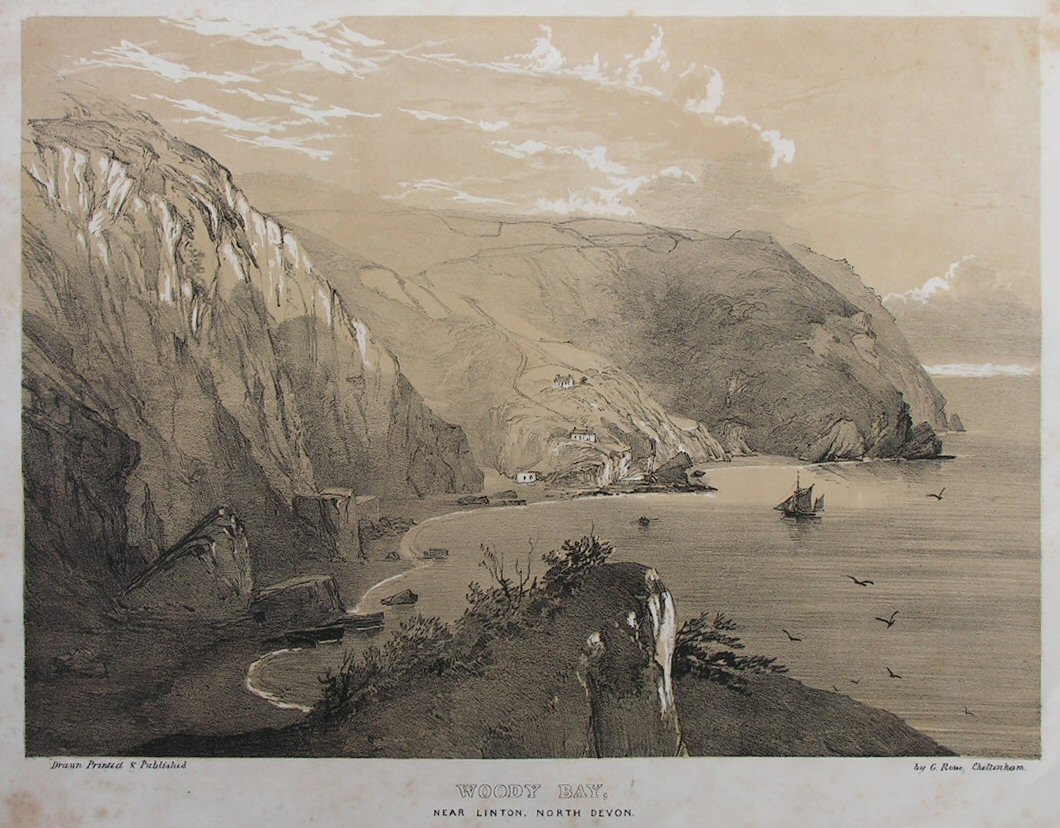 Lithograph - Woody Bay, near Linton, North Devon. - Rowe